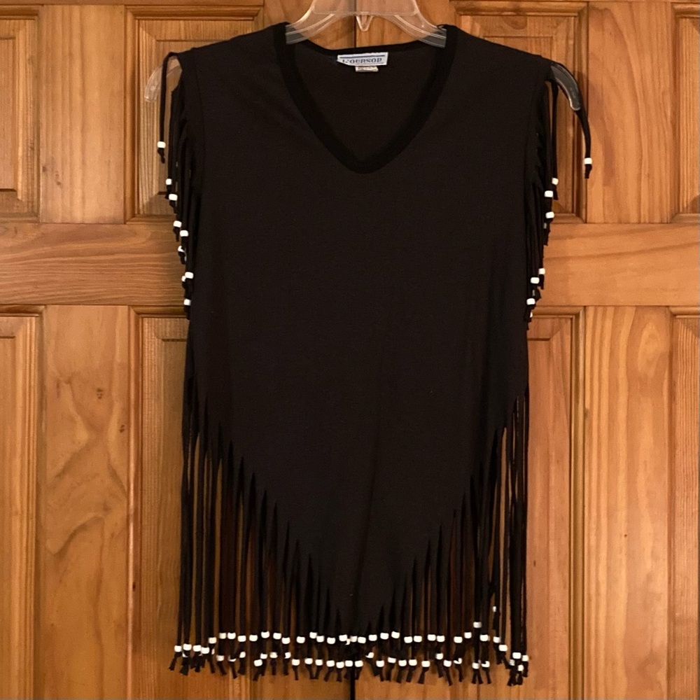 NWOT L'ourson Vintage 70s 80s Top Fringed Beaded Blouse Black Size M